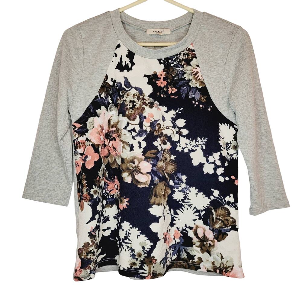 Gilli grey floral print raglan sleeve sporty top small petite boho casual